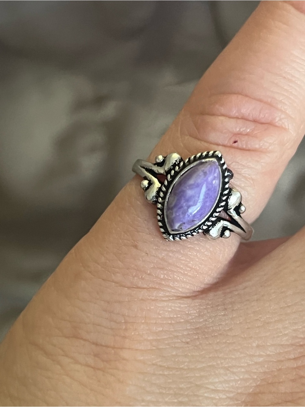 Handmade 925 Sterling Silver Purple Stone Ring Size 5.75 Marquise Cabochon